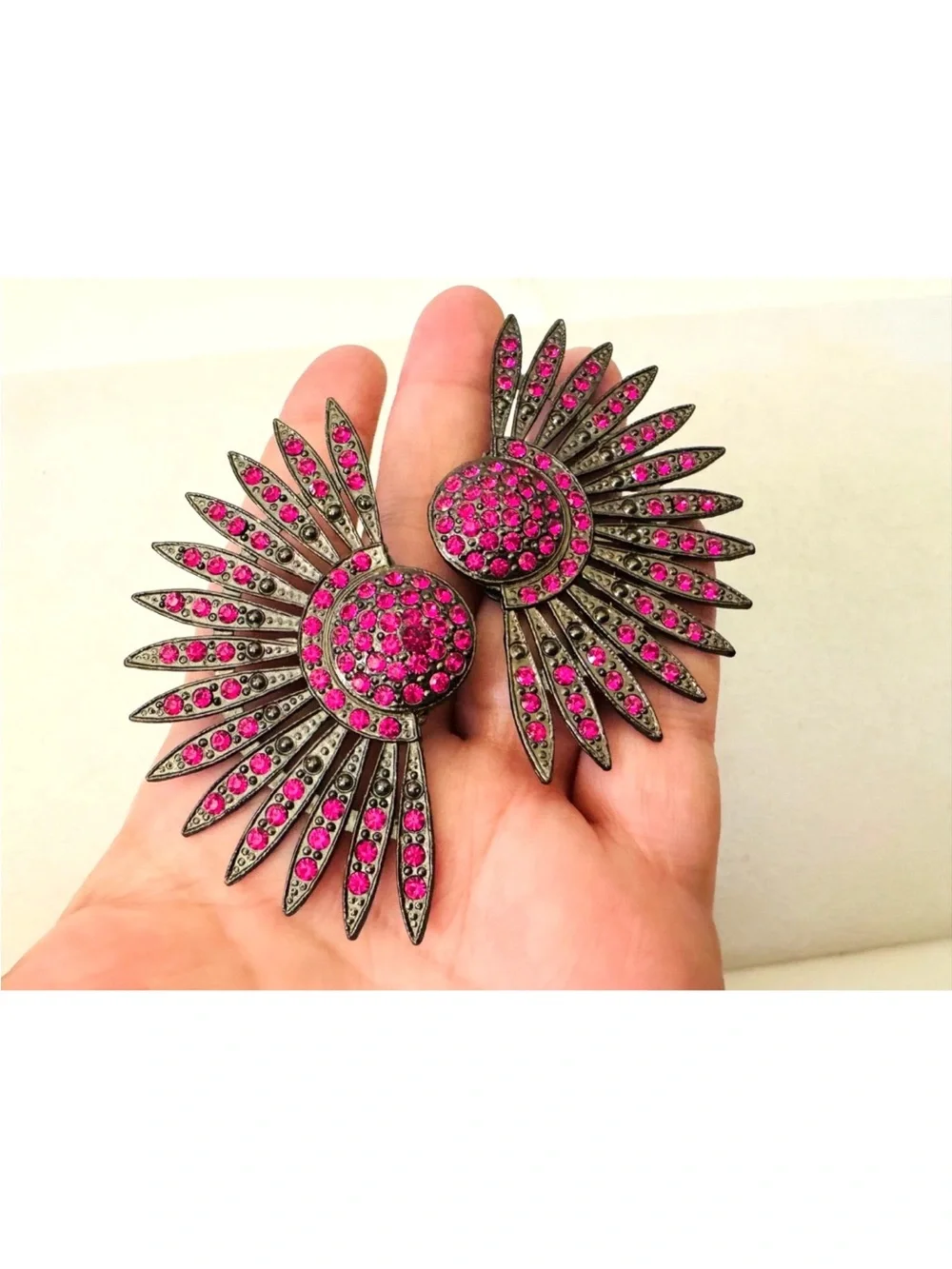 AMAZING Vintage 1980's THELMA DEUTSCH Oversized Pink Rhinestone Clip On Earrings